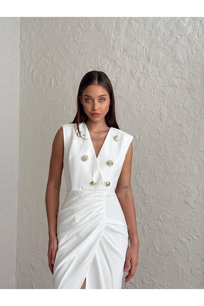 Misscix V-Neck Stylish Button Detail Deep Slit Sleeveless Midi Evening Dress