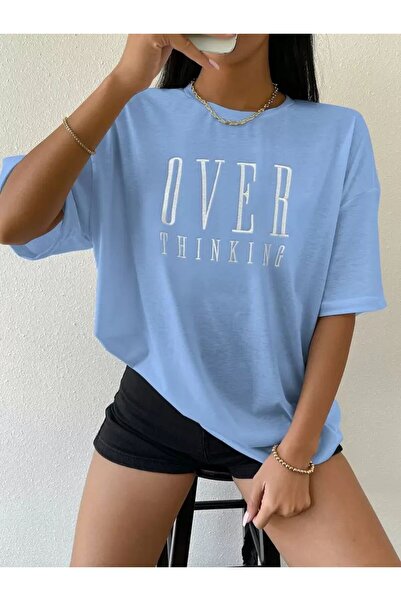 trendgar Tricou oversize unisex albastru cu imprimeu Over Thinking