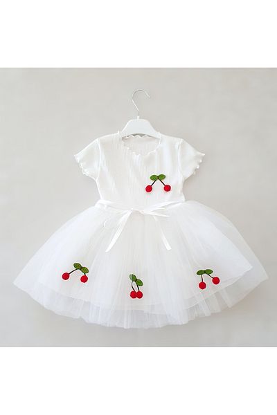 Şirin Şeyler Butiği Lulu Cherry Short Sleeve Baby Girl Kids Cherry Fluffy Tutu Dress Princess Stretchy Lycra White