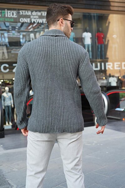 Madmext Antrasit Dik Yaka Cepli Triko Hırka 6815