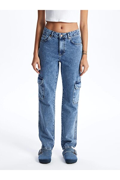 LC Waikiki LCW Jeans Indigo Straight Fit Kadın Kargo Jean Pantolon
