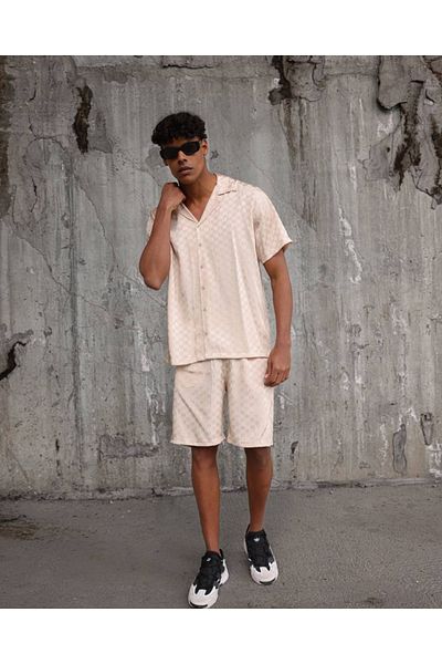 THIMOON Men's Beige Patterned Shirt and Shorts Set Summer Stylish and Comfortable Double Combination