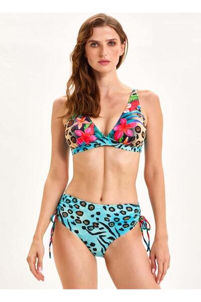 Argento 1095-2071 Leopar Çiçek Desen Toparlayıcı Yüksek Bel Üçgen Bikini