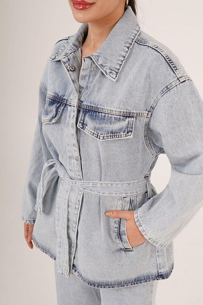 Hipo Trend Waist Belted Jacket and Pants Double Jean Blue Set