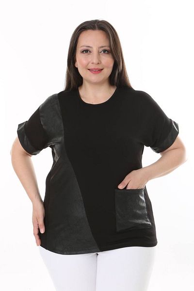 Butik Ayseba Black Women's Leather Detailed Large Size Oversize T-Shirt