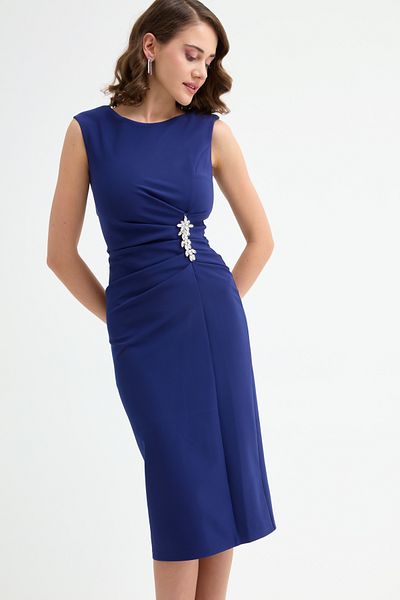 Lafaba Women's Navy Blue Stone Detailed Midi Evening Dress