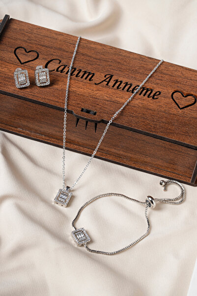 Elika Silver Zircon Stone Baguette Model Set Necklace, Bracelet, Earring Set |   Mother's Day Gift