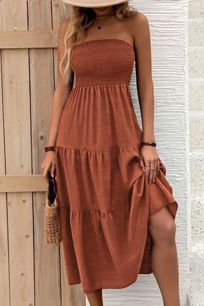 Mossta Strapless Gather Detailed Aerobin Midi Dress Tile