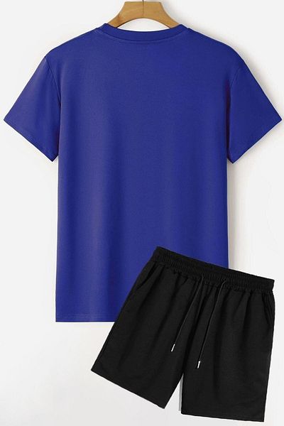 Mythologie Sax Blue Black Basic T-Shirt Shorts Combination Set - Oversize Crew Neck