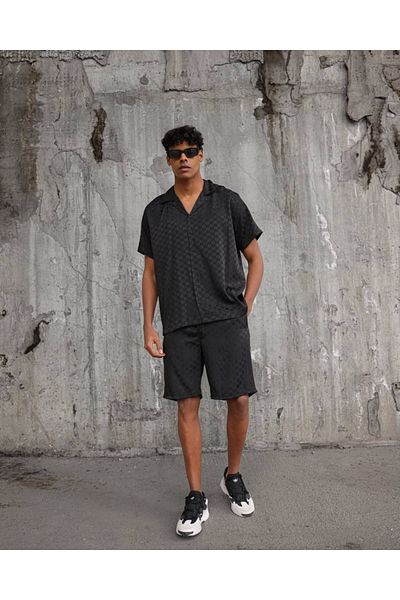 THIMOON Men's Black Patterned Shirt and Shorts Set Summer Stylish and Comfortable Double Combination