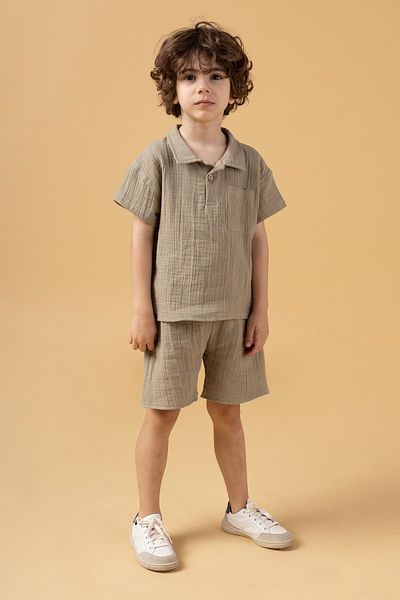 Minipodyum Boy's Placket Shirt Shorts Muslin Summer Double Set
