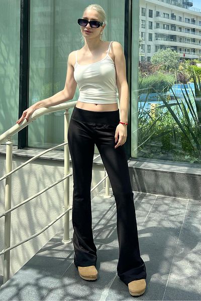 Madmext High Waist SPanish Leg Black Trousers mG2096 - Ribbed Waist Design