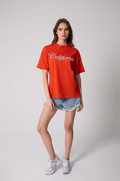 AMİDA Women's Red Oversize T-Shirt California Printed - 2517