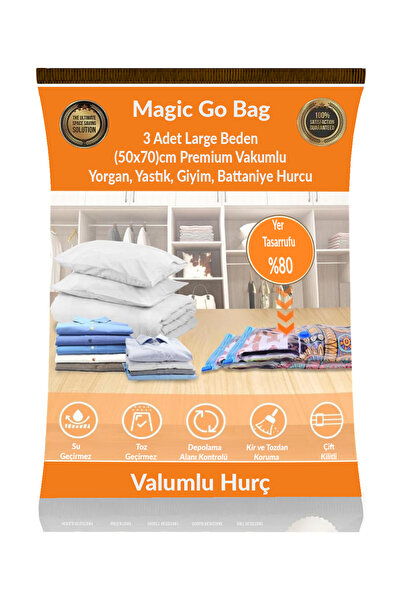 Magic Saver Bag 3 Adet Large Beden (50x70)Cm Premium Vakumlu Yorgan,Yastık,Giyim,Battaniye Hurcu