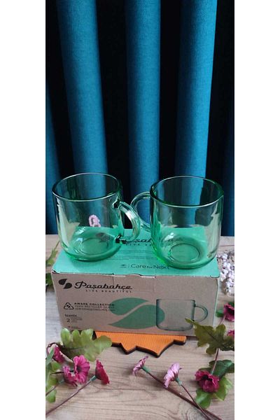 ORTAKÖY CENNETİ Mug Glass Pasabahce 2 Li Green Color 55192 Iconıc 245 Cc Volume 7 cm Mouth 8 cm Height