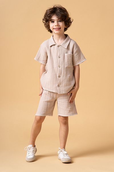 Minipodyum Boy's Shirt Shorts Muslin Summer Double Set