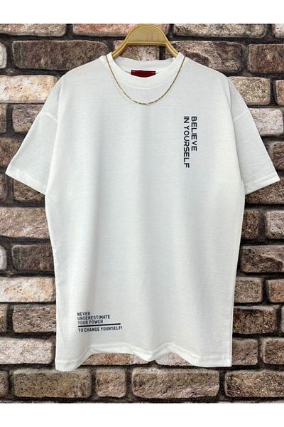 Mythologie Λευκό μπλουζάκι Believe - Κοντό μανίκι με στάμπα Oversize Crew Neck