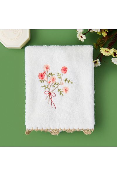 Evidea Soft Granny Summer Flower Embroidered Hand Towel - Ecru - 30X50 cm