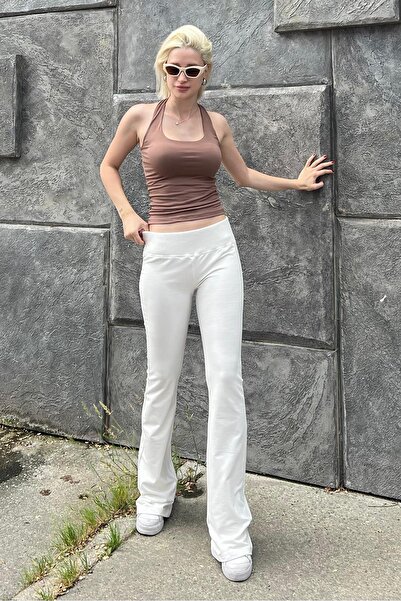 Madmext Ekru Beli Fitilli Yüksek Bel İspanyol Paça Pantolon MG2096