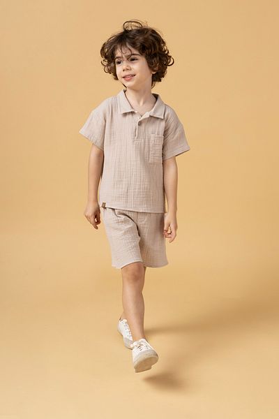 Minipodyum Boy's Placket Shirt Shorts Muslin Summer Double Set