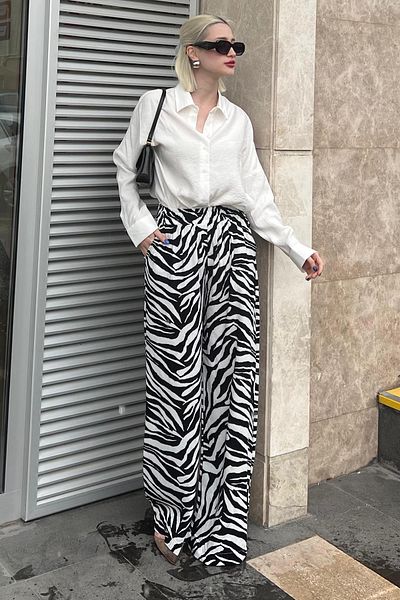 Madmext Weiße gemusterte Hose mit weitem Bein und elastischem Bund MG2051