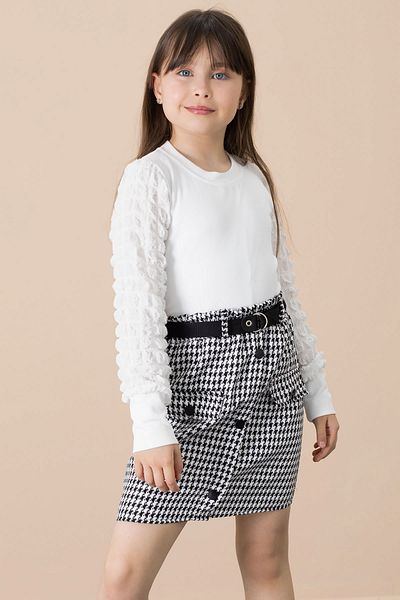 Cansın Mini Ecru Houndstooth Patterned Skirt and Badili Girl's 2 Piece Set 20652
