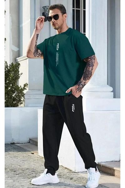 Mythologie Κάθετο μπλουζάκι με φούτερ - Nefti Green Black Printed Sweatpants Set Oversize Crew Neck