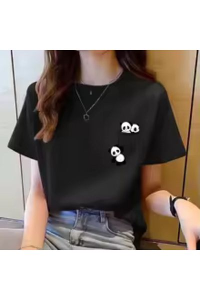 Mythologie Black Panda Pocket T-Shirt - Printed Oversize Crew Neck Short Sleeve