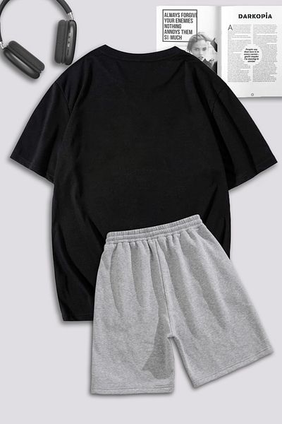 Mythologie Black Gray Mini Spider T-Shirt Shorts Combination Set - Printed Oversize Crew Neck