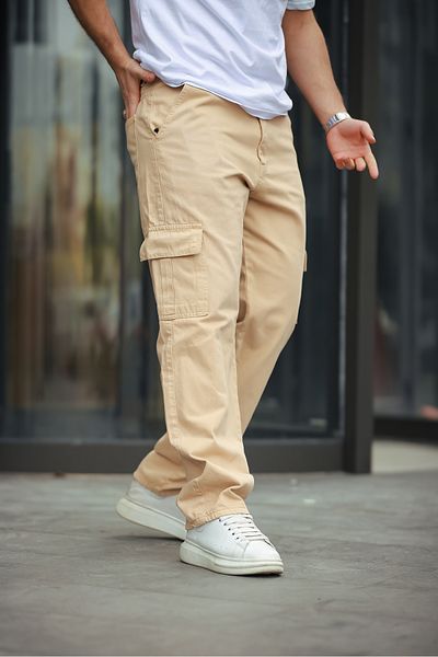 comstar Men's Wide Leg Cargo Pocket Basic Cream Baggy Trousers