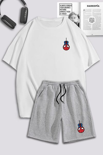 Mythologie White Gray Mini Spider T-Shirt Shorts Combination Set - Printed Oversize Crew Neck