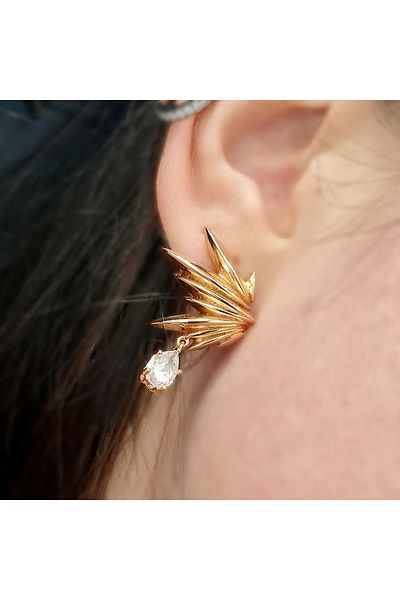 SE Jewellery Collection Selin Ersoy Beam Figured Dangle Earrings – Rose Xuping, Zircon Stone, Does Not Tarnish, Asymmetrical Design (2.9 X 2 cm)