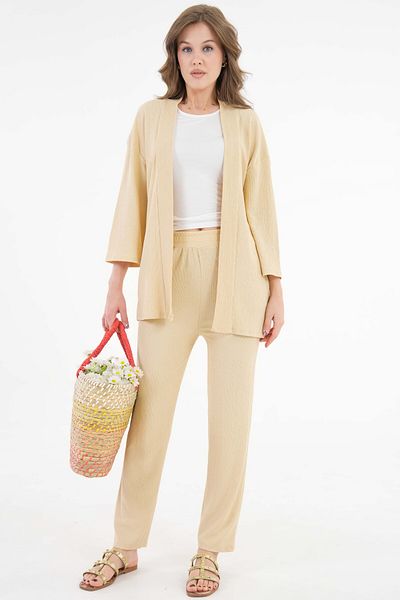 Saade Beige Rasch Fabric Kimono - Trousers Knitted Set