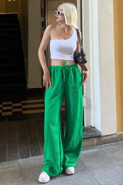 Madmext Yeşil Cepli Bol Paça Kadın Pantolon MG1882