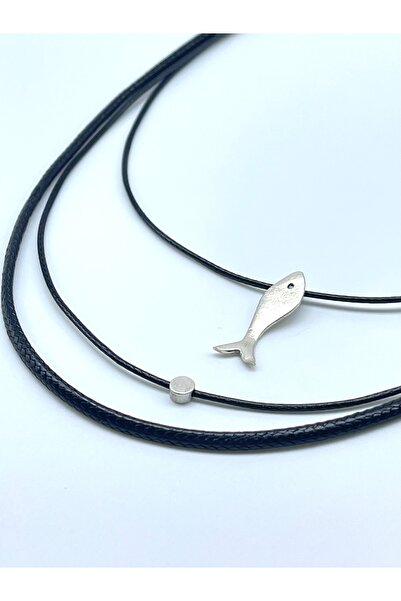 Concept HuBuTU Minimal Gümüş Kaplama Balık Objeli Erkek Siyah Suni Deri Ip Bohem Kolye Seti (3 ADET)