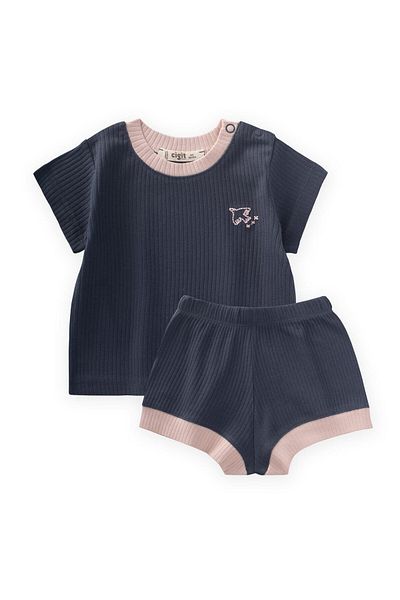 Cigit Bird Embroidered Garnished Corded Suit 0-5 Years Dark Blue