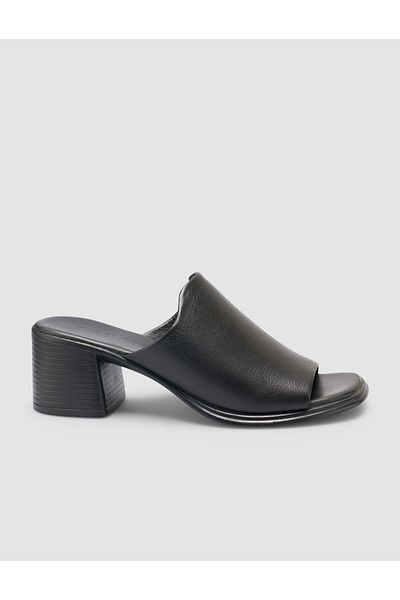 Cabani 100% Genuine Leather Heeled Black Women's Slippers