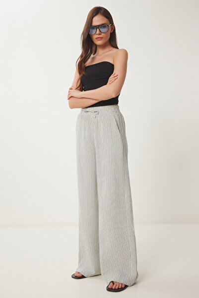Lovelyİstanbul Ριγέ Παντελόνι Muslin Palazzo STONE LSA0010