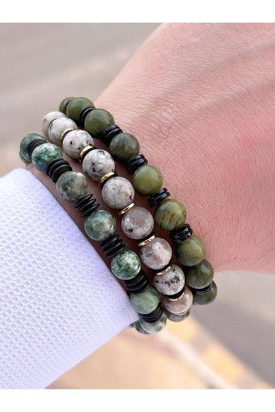NURSAAT 3 Piece Special Design Unisex Natural Stone Bracelet Onix-Smoky Quartz-Moldavit09