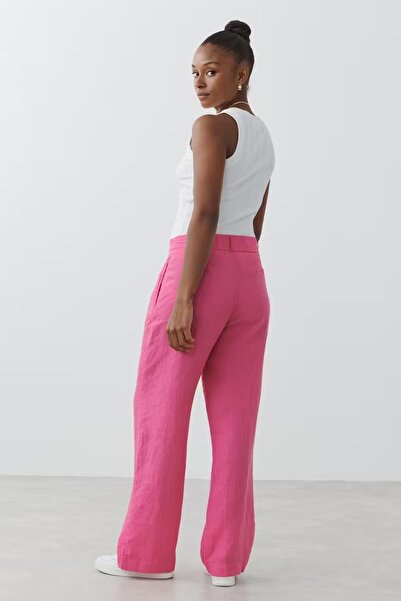 Madmext Pink Belted Wide Leg Women's Trousers MG2021