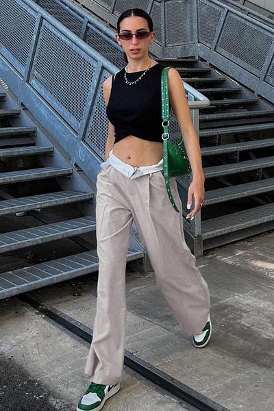 Madmext Graue Hose mit weitem Bein und Gürteldetail Mg1834