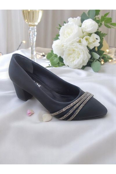 Elit 3234 Black Stone Detailed 5 cm Women's Evening Dress Heeled Shoes