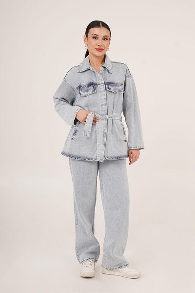 Hipo Trend Waist Belted Jacket and Pants Double Jean Blue Set