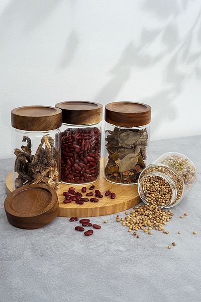 Kitchen Life Acassia 6-Piece Acacia Lid Borosilicate Glass Spice Rack Set / 56 Tags Gift / 240ml