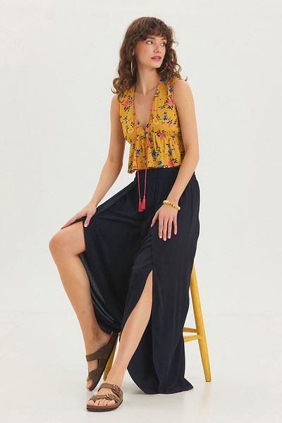 Clandestino Relaxed Cut Slit Detailed Skirted Bohemian Trousers Black