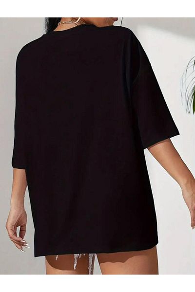 Mythologie Black Why Not T-Shirt - Printed Oversize Crew Neck Short Sleeve
