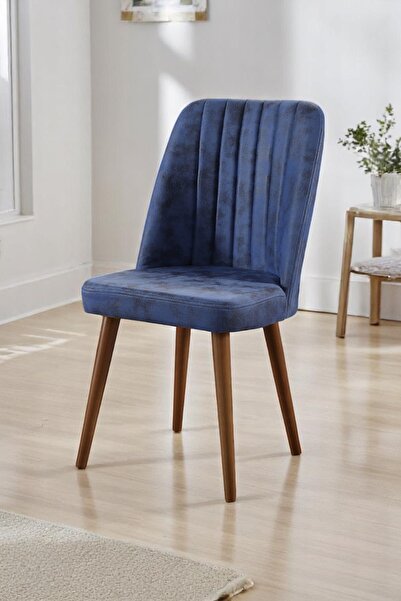 MYMASSA Polo Sandalye - Milas Mavi Kumaş - Ahşap Ceviz Ayak - Mutfak Sandalye...