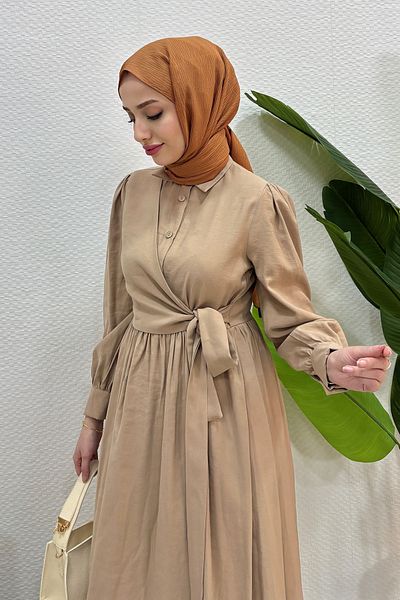 Tesettür Diyarı Asymmetrical Tie Summer Fabric Dress - Beige