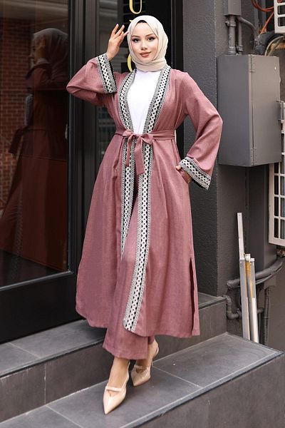Modamihram Set kimono cu model etnic Dusty Rose 19251