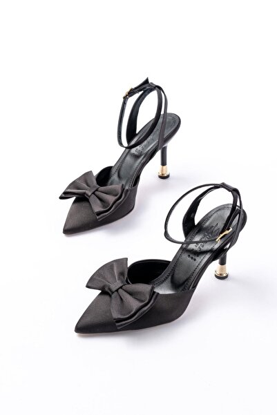 Aymood Inf-4505 Black Satin Daily Open Back Ribbon Detailed Heeled Shoes
